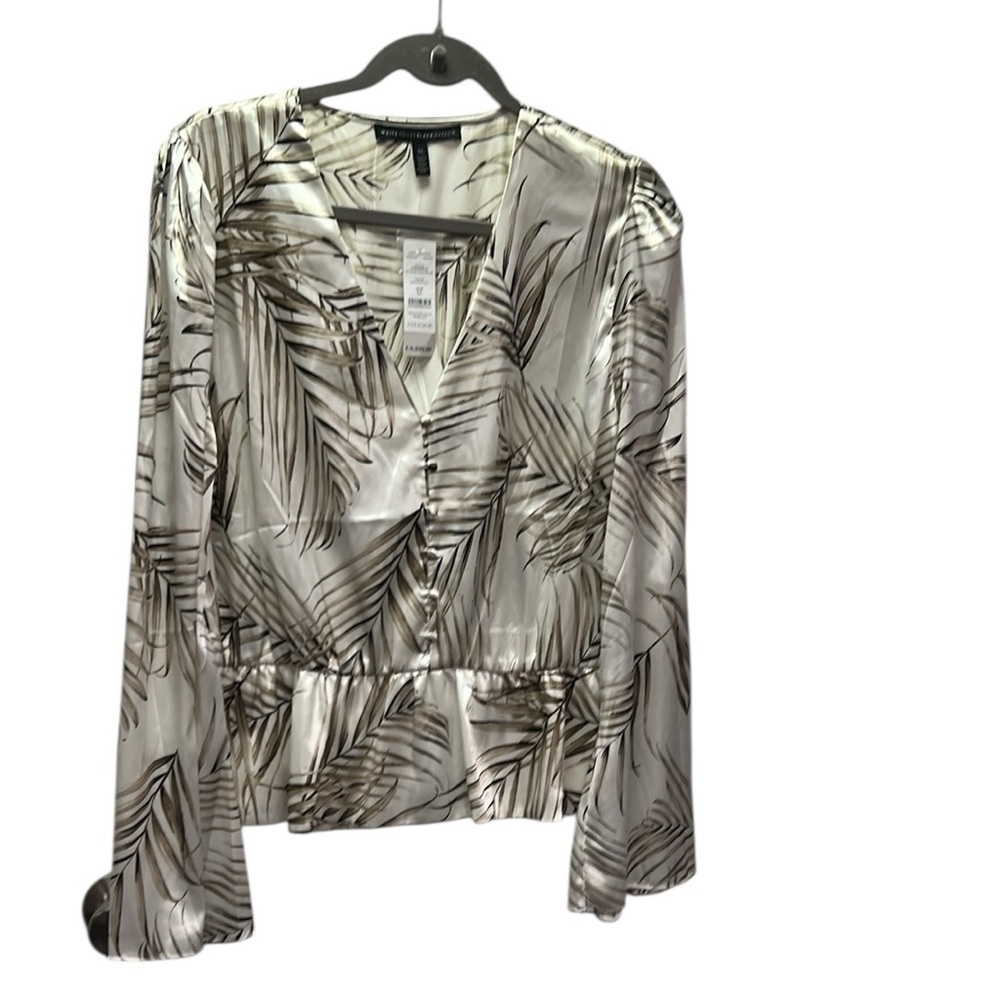 White House Women’s Black Market Cream and Tan Leaf Design Peplum Blouse Size XL